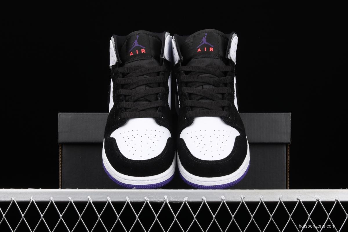 Air Jordan 1 Mid GS black, white and purple Zhongbang basketball shoes BQ6931-105
