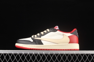 Travis Scott x Air Jordan 1 Low black, white and red barbed low top cultural board shoes DM7866-140