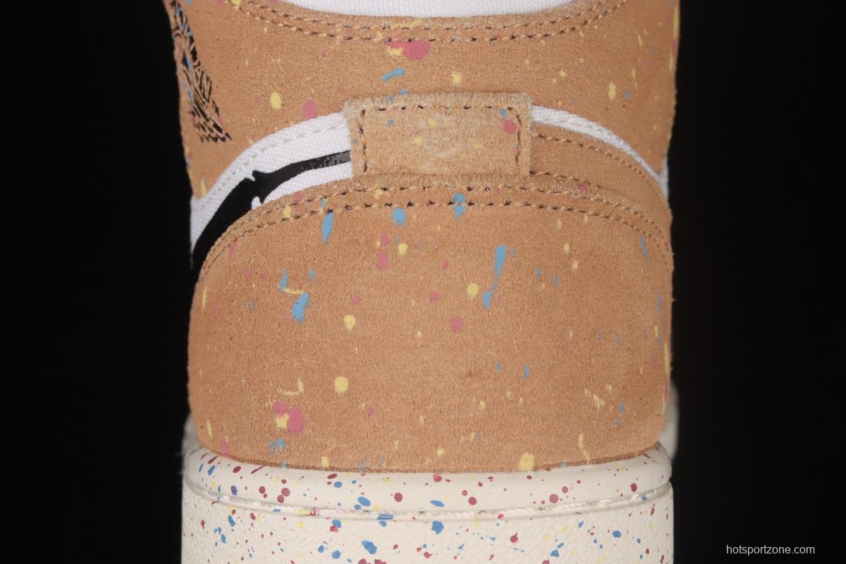 Air Jordan 1 Mid watercolor ink fluorescent Zhongbang basketball shoes DA8005-100