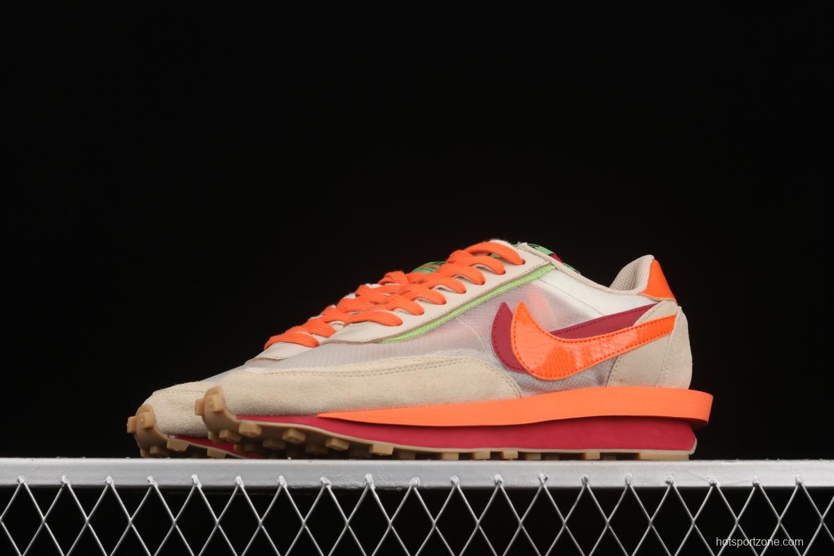 CLOT x Sacai x NIKE LDWaffle Net Orange Blaze joint overlapping design avant-garde waffle deformation rice orange color match casual jogging shoes DH1347-100