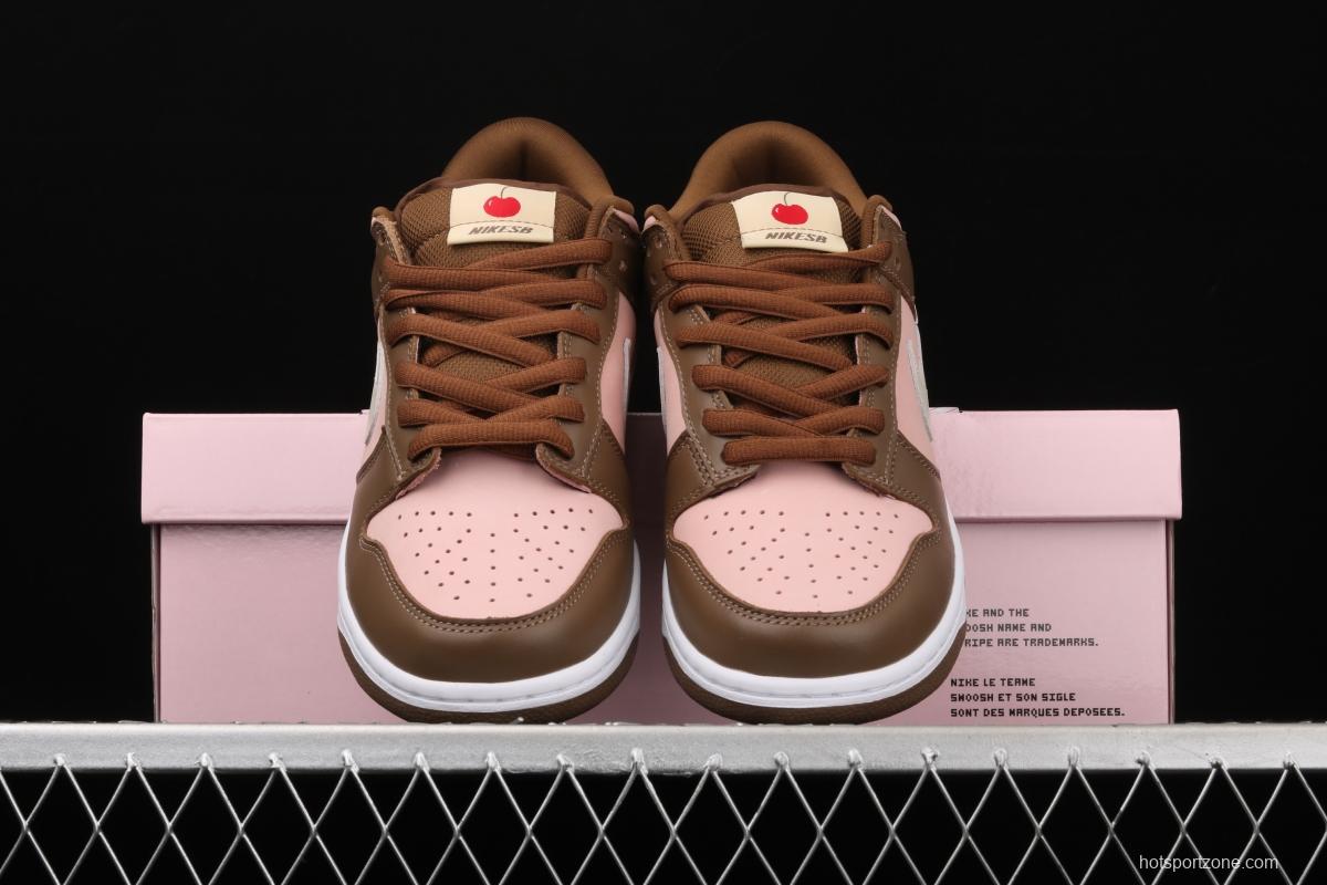 Stussy x SB DUNK Low Pro Cherry cherry pink brown skateboard shoes with low uppers 304292-671