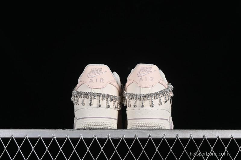Nike Air Force 1 '07 Low Casual Sneakers in Romantic Pink-Purple with Diamond Chain Accessories - FV1122-333