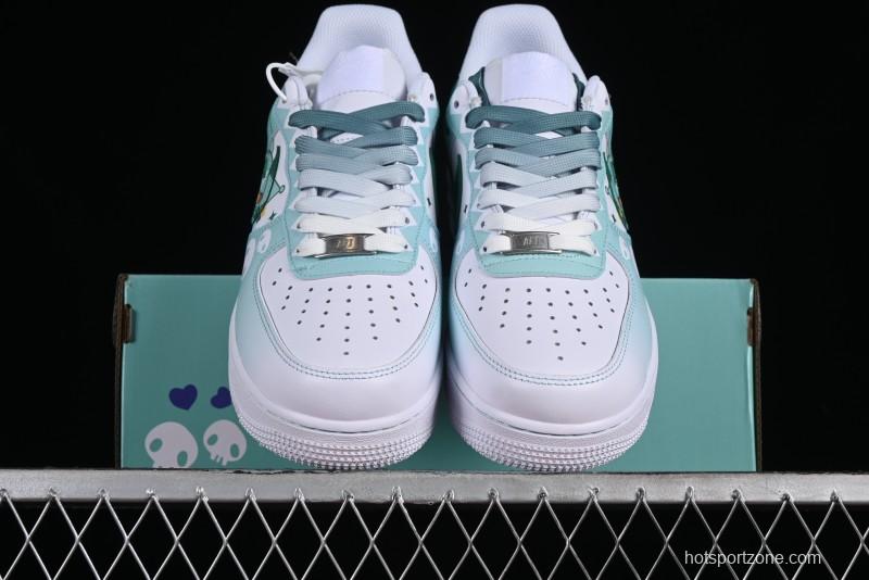 Nike Air Force 1 '07 Low Witch Collaboration Custom Leather Sneakers with Skull and Gradient White-Green Design - CW2288-111