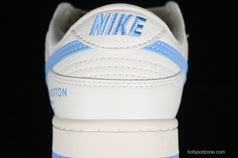 Nike SB Dunk Low LV Collaboration - Beige Blue Double Swoosh Print Anniversary Custom Low-Top Casual Sneakers - CF3688-005