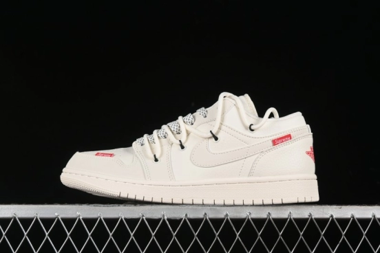 Nike Air Jordan 1 Low Supreme Collaboration - Retro Basketball Shoes in Off-White Red with Small Logo - SJ9950-017
