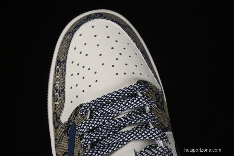 Nike Travis Scott x Fragment Design x Air Jordan 1 Low OG SP AJ1 Gucci Collaboration - Silver Logo Blue Swoosh Low Top Casual Sneakers - XY2688-118