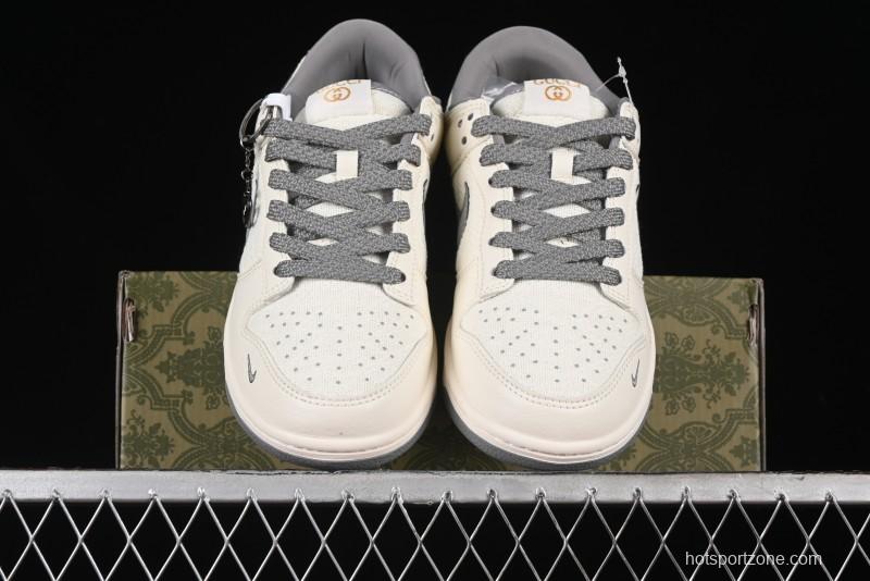 Nike SB Dunk Low Gucci Collaboration Anniversary High-End Custom Sneakers in Off-White & Dark Gray Swoosh - DQ1098-383