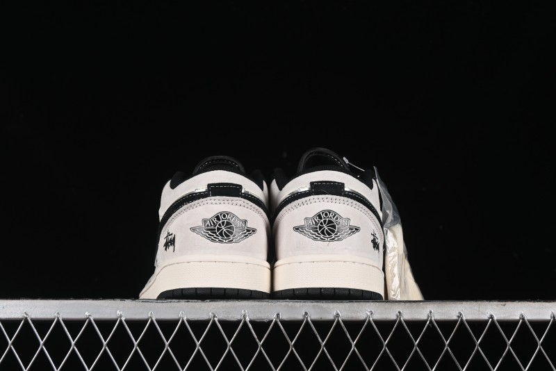 Nike Air Jordan 1 Low Stussy Collaboration - Silver Trim Black Swoosh Retro Basketball Shoes - SJ9950-026