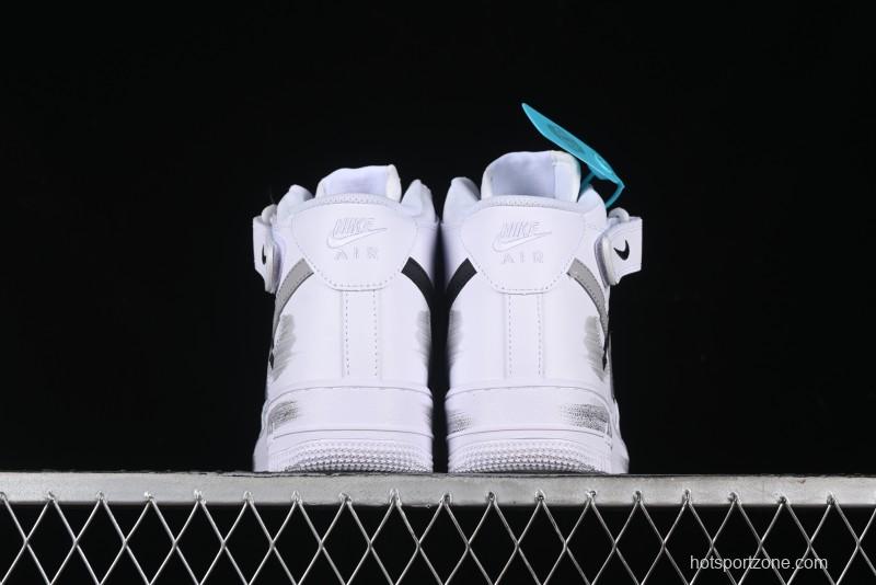 Nike Air Force 1 '07 Mid Casual Sneakers in White/Grey/Black with Hand-Painted Cracked Swoosh Shadow Detail - CW2289-111