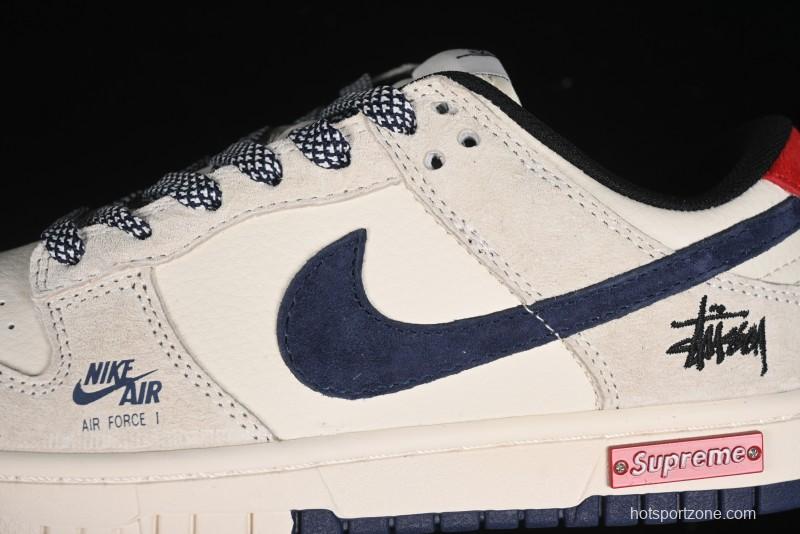 Nike SB Dunk Low Supreme x Stussy Triple Collaboration - Off White Navy Swoosh Anniversary Custom Low-Top Casual Sneakers - SJ2068-301