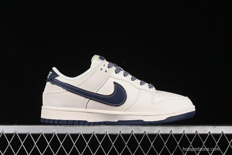 Nike SB Dunk Low Anniversary Premium Custom Low-Top Casual Skate Shoes in Off-White with Navy Blue Swoosh - SJ1089-004