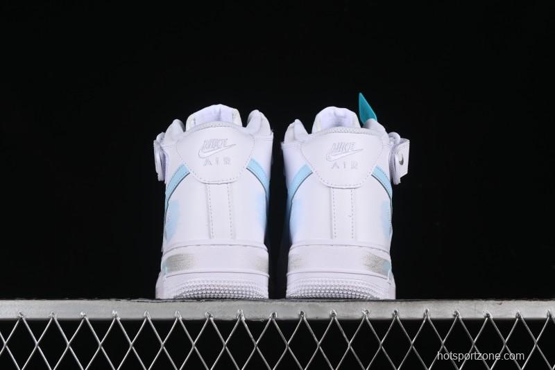 Nike Air Force 1 '07 Mid Light Blue Hand-Painted Cracked Three Stripes Shadow Mid-Top Casual Sneakers - CW2289-111