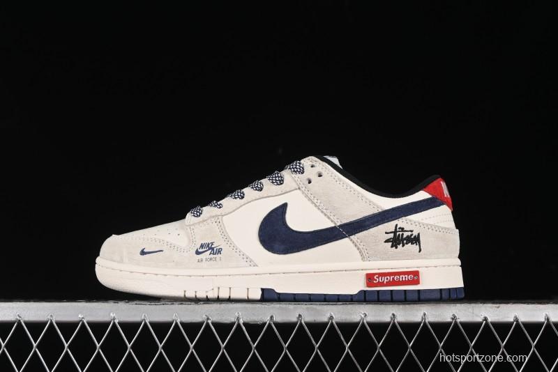 Nike SB Dunk Low Supreme x Stussy Triple Collaboration - Off White Navy Swoosh Anniversary Custom Low-Top Casual Sneakers - SJ2068-301