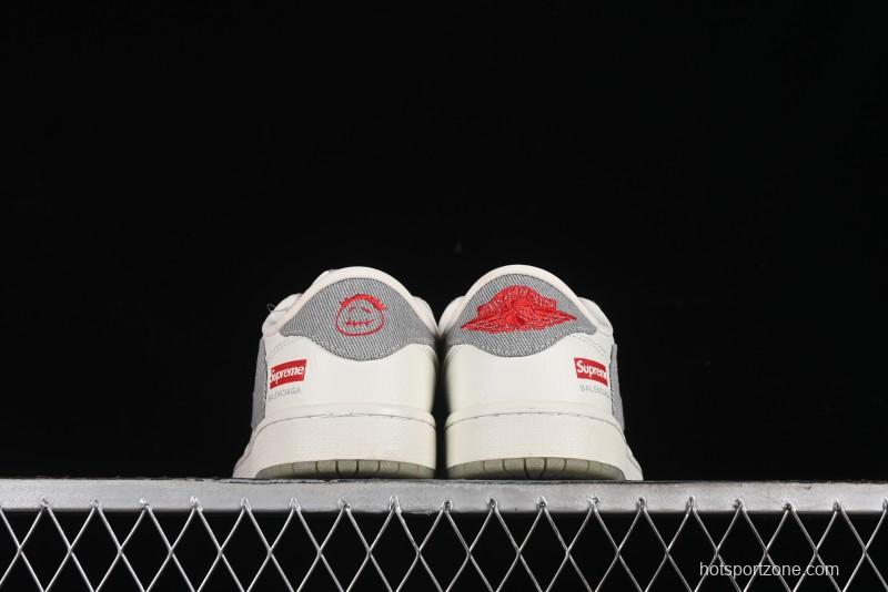 Nike Travis Scott x Fragment Design x Air Jordan 1 Low OG SP AJ1 Supreme Collaboration - Light Grey Denim Two-Tone Low-Top Casual Sneakers - JH6088-705