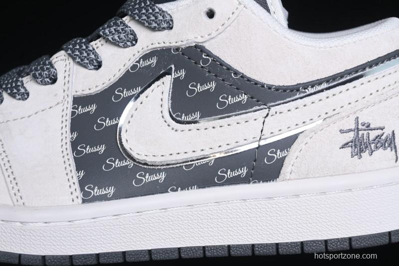 Nike Air Jordan 1 Low Stussy Collaboration - Grey Pigskin Black Base Retro Basketball Shoes - XX3318-968
