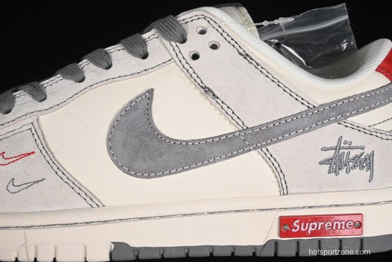 Nike SB Dunk Low Stussy Collaboration - Embroidered Grey Swoosh Anniversary Custom Low-Top Casual Sneakers - MM1089-033