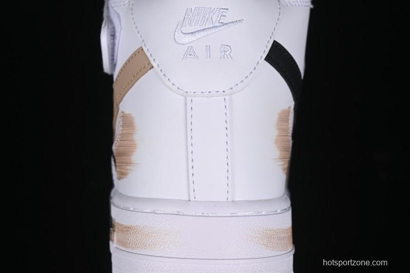 Nike Air Force 1 '07 Mid Hand-Painted White Black Brown with Swoosh Shadow Strap Mid-Top Casual Sneakers - CW2289-111