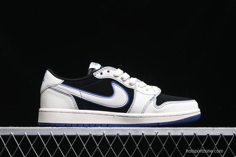 Nike Travis Scott x Fragment Design x Air Jordan 1 Low OG SP AJ1 Stussy Collaboration - Black Blue Line Low Top Casual Sneakers - SJ2068-113