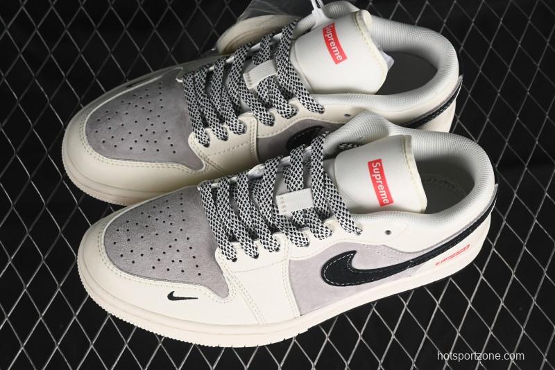 Nike Air Jordan 1 Low Supreme Collaboration - Dual-Tone Black Swoosh Custom Retro Basketball Shoes - SJ9950-043