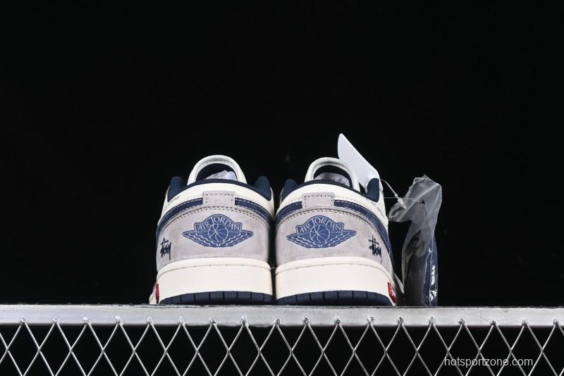 Nike Air Jordan 1 Low Stussy Collaboration Blue Suede Retro Basketball Shoes - SJ9950-035