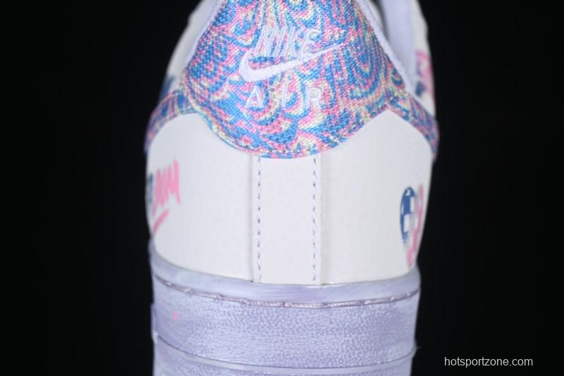 Nike Air Force 1 '07 Low Double Hearts Casual Sneakers with Hand-Drawn Anime Doodle and Pink Blue Hearts - CZ0377-002