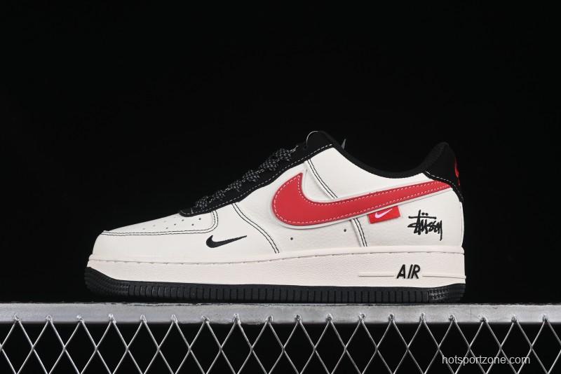 Nike Air Force 1 '07 Low Stussy Collaboration Black Stitch Red Swoosh Casual Sneakers - XS1958-518
