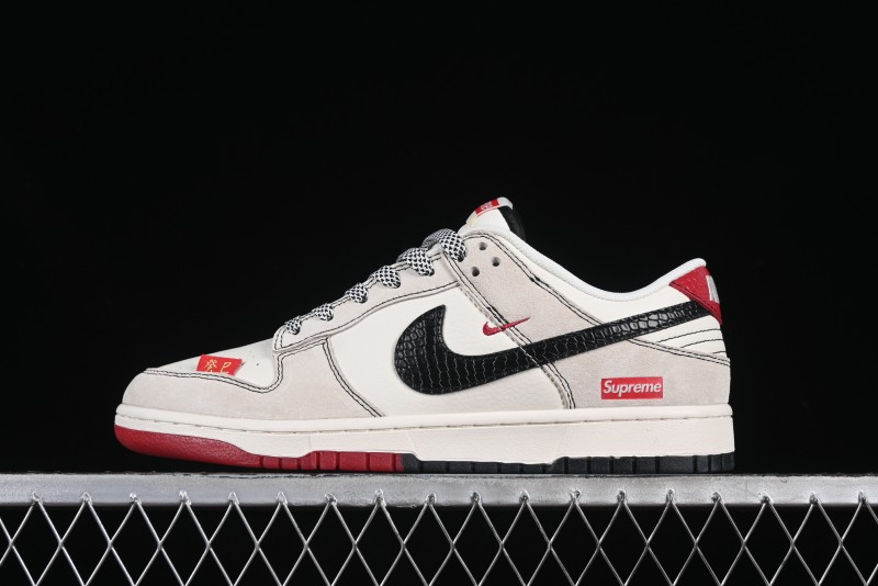 Nike SB Dunk Low Supreme Collaboration Year of the Snake Limited Edition Dual-Tone Snake Pattern Black Swoosh Anniversary High-End Custom Low-Top Casual Skate Shoes - HH7518-030