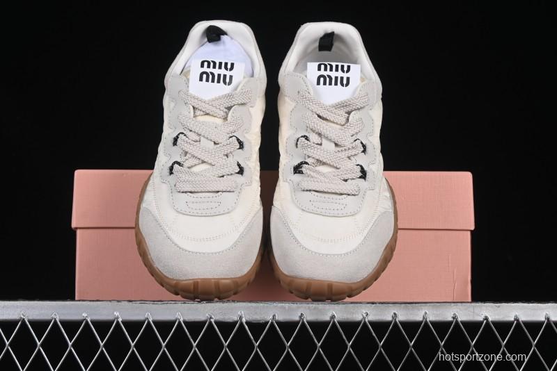 Miu Miu Suede Round Toe Lace-Up Women's Low-Top Casual Shoes in Beige - 99D4