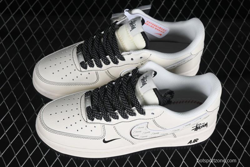 Nike Air Force 1 '07 Low Stussy Collaboration Beige Black Floral Swoosh Casual Sneakers - HH7518-040