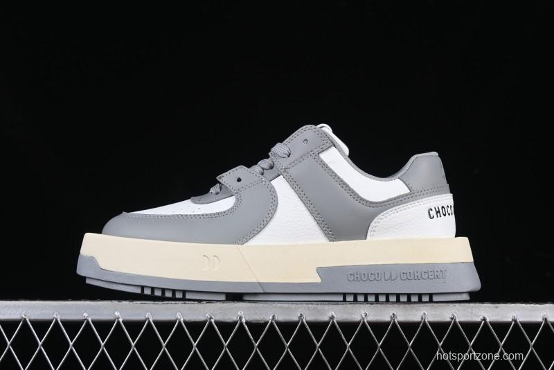Choco Concert Leather Round Square Asymmetric Fashion Sneakers White Gray - AJE5