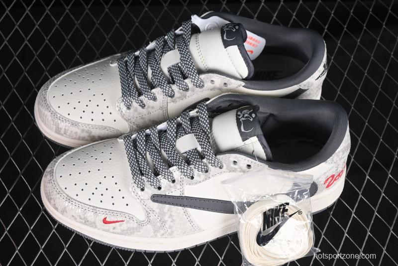 Nike Travis Scott x Fragment Design x Air Jordan 1 Low OG SP AJ1 Snake Year Limited Grey Snake Scale with Grey Swoosh Low-top Casual Sneakers - XS3086-009