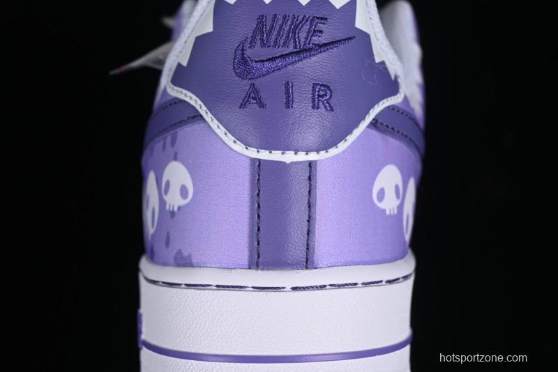 Nike Air Force 1 Low Witch Collaboration Custom Leather Sneakers with Gradient White-Purple and Skull Design - CW2288-111