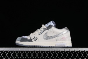 Nike Air Jordan 1 Low AJ1 Panda Prank Modern Gray Floral Low-Top Casual Sneakers - 553560-053