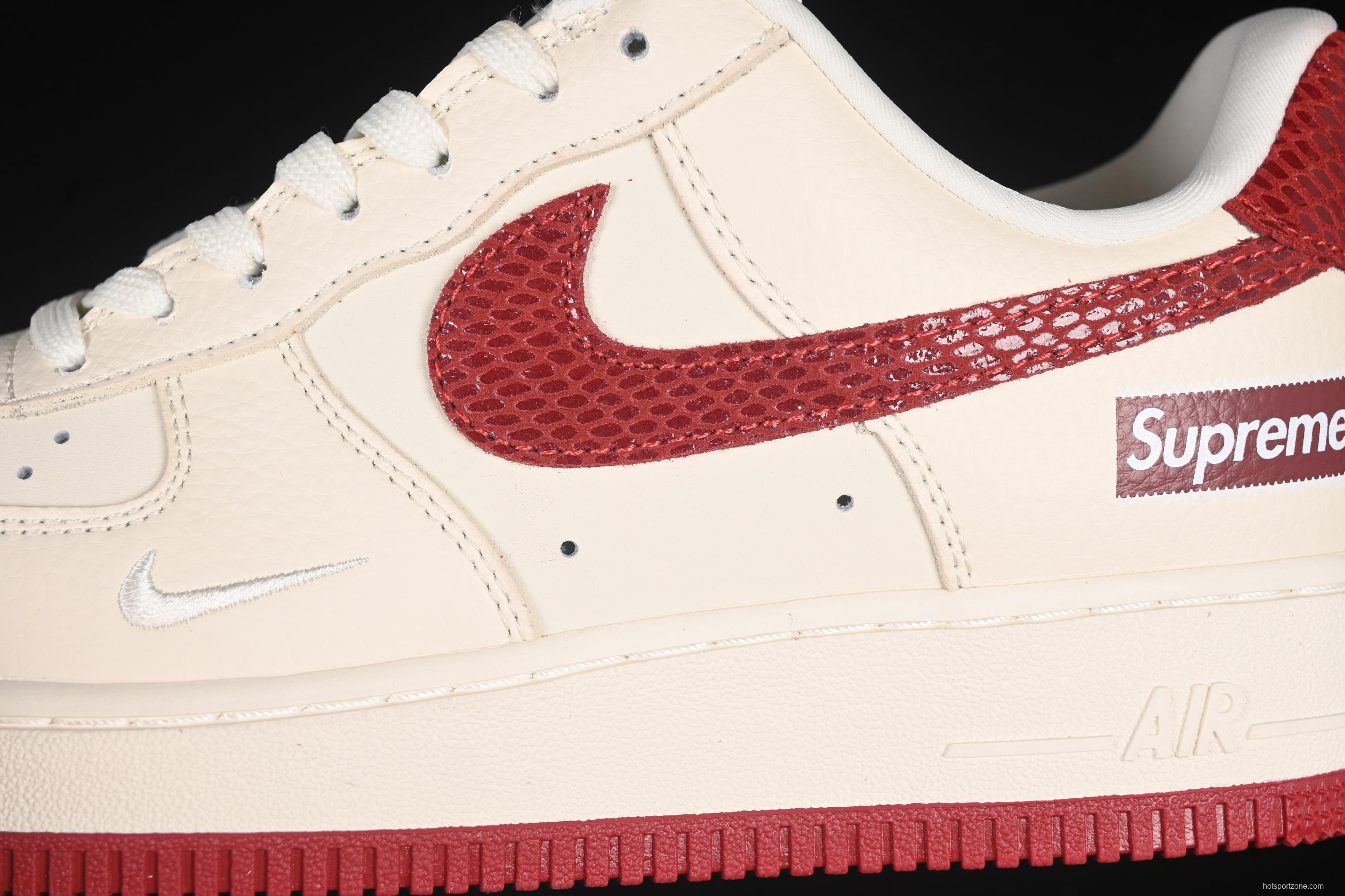 Nike Air Force 1 '07 Low Supreme Collaboration Sneakers with Red Snake Swoosh - DF0188-040