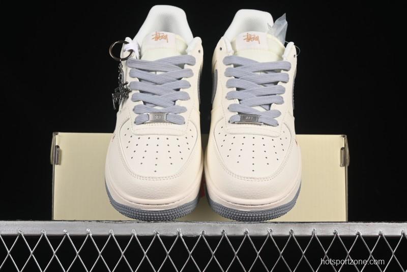 Nike Air Force 1 '07 Low Stussy Collaboration Gold Embroidery Grey Swoosh Casual Sneakers - XX3168-150
