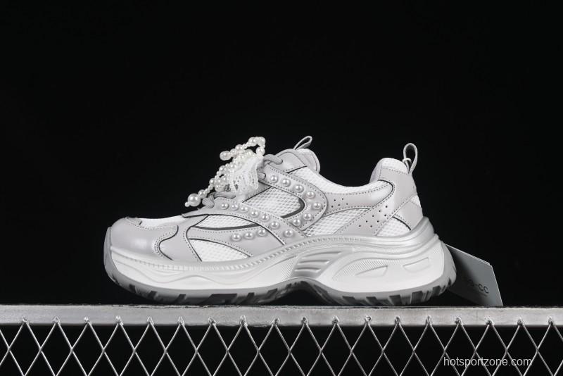 GG-CC Lace Pearl Chain Casual Platform Dad Shoes - 250310 Silver
