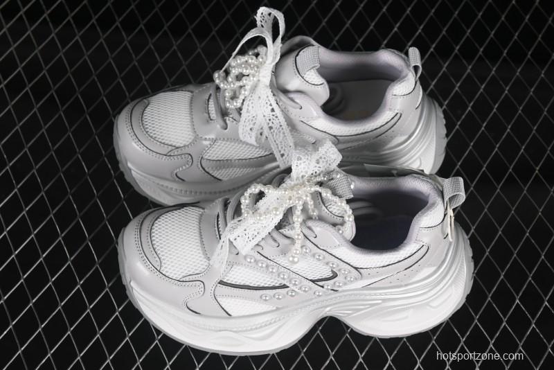 GG-CC Lace Pearl Chain Casual Platform Dad Shoes - 250310 Silver