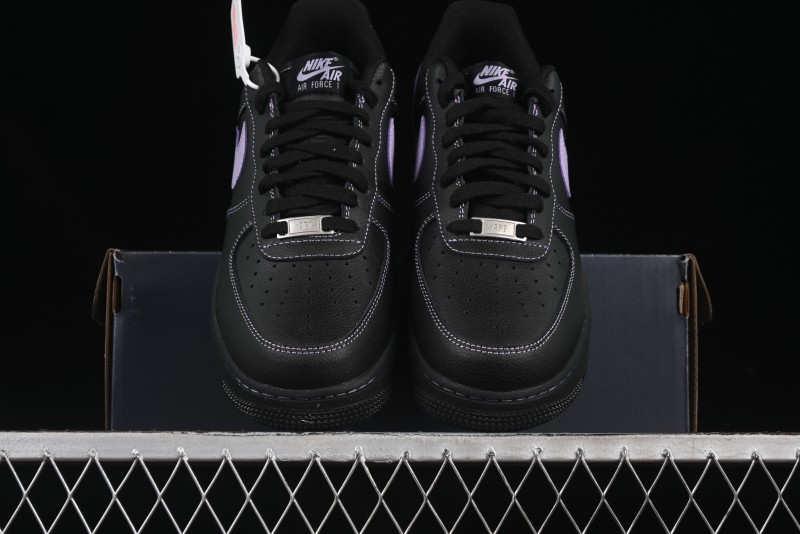 Nike Air Force 1'07 Low Casual Sneakers in Black with Purple Swoosh - HQ2037-001