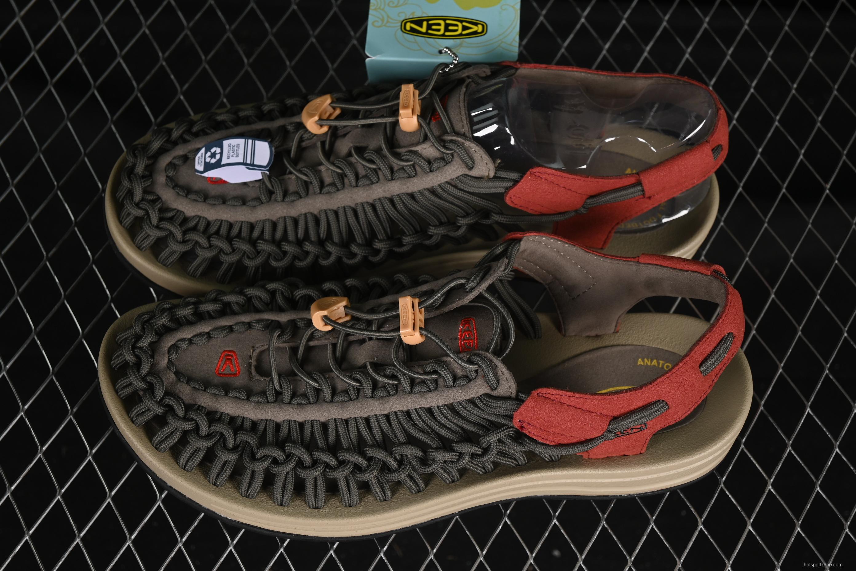 Keen Uneek Flat-M Woven Stretch Multi-Purpose Outdoor Sandals for Hiking and Water Activities - 1025171 BLACK PINE GREEN