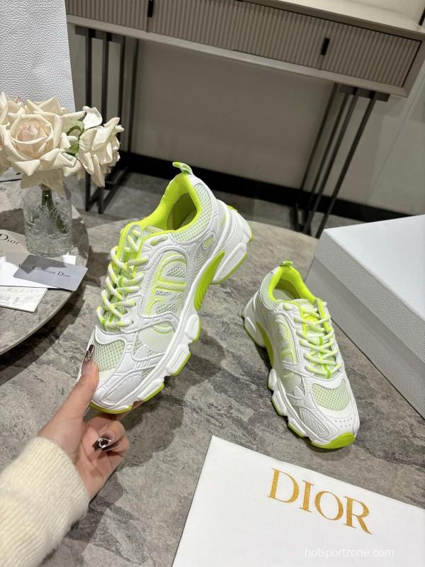 2025 Women Dior White Neon Yellow Mesh Leather Sneakers KFY00370
