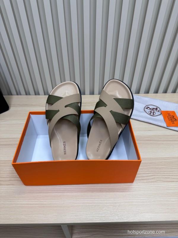 2025 Slippers Hermès Beige Green Rubber Slippers
