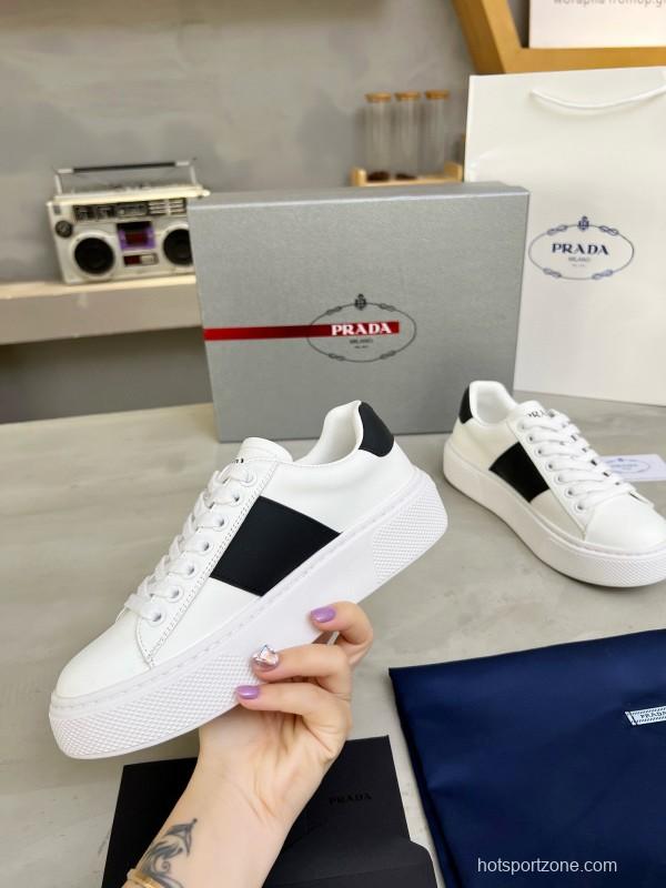 2024 Unisex Prada White Black Silk Calfskin Leather Sneakers MJ00310
