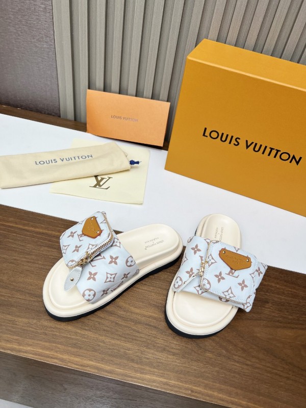 2025 Women Louis Vuitton White Brown Canvas Slippers KFY00230