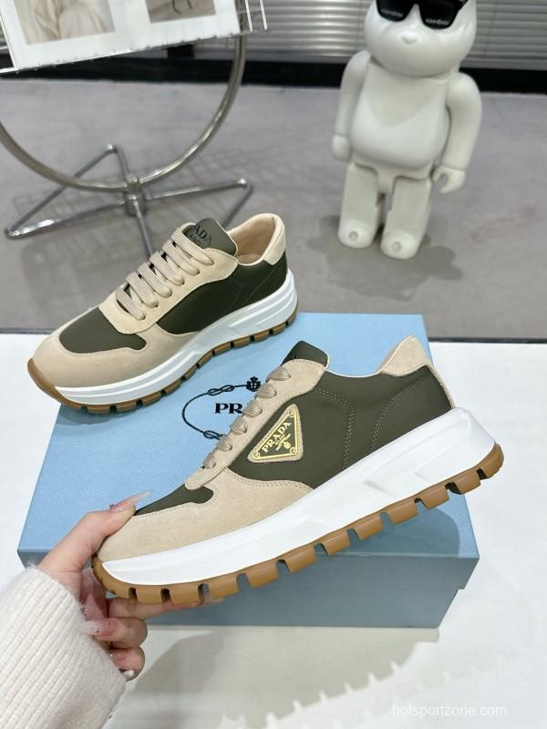2025 Women Prada Beige Green Nubuck Leather Sneakers KFY00310