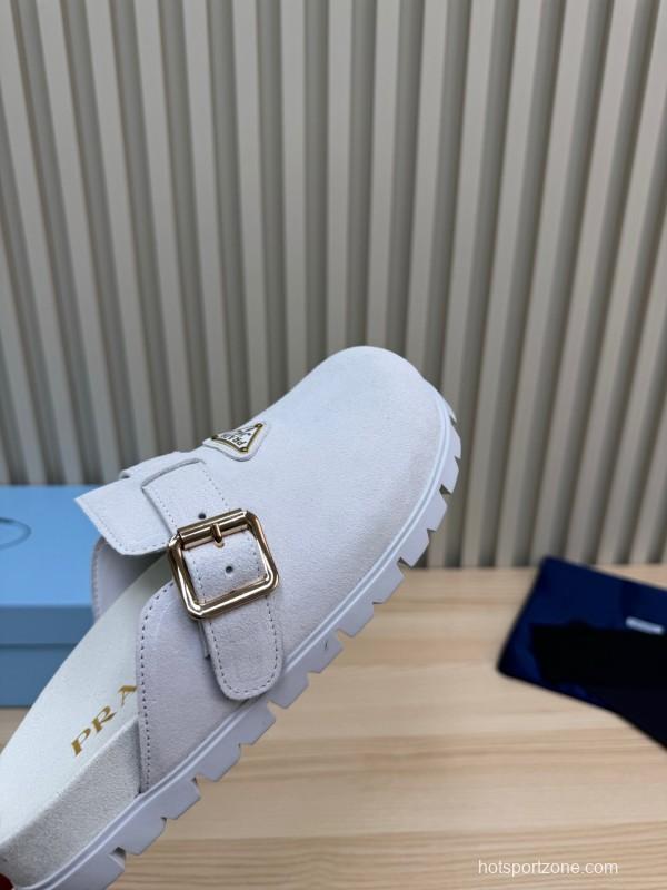2025 Slippers Prada Light Gray Suede Slippers LY00280