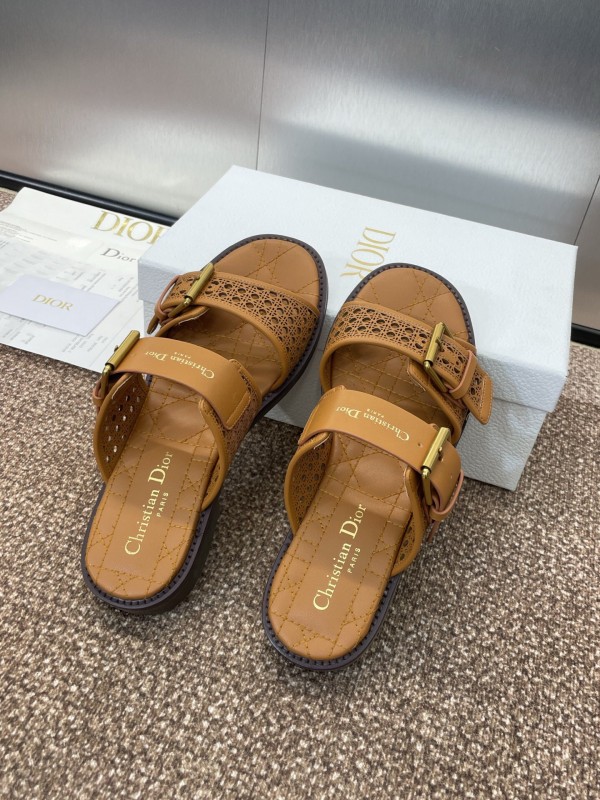 2025 Women Dior Brown Leather Slip-on Sandals