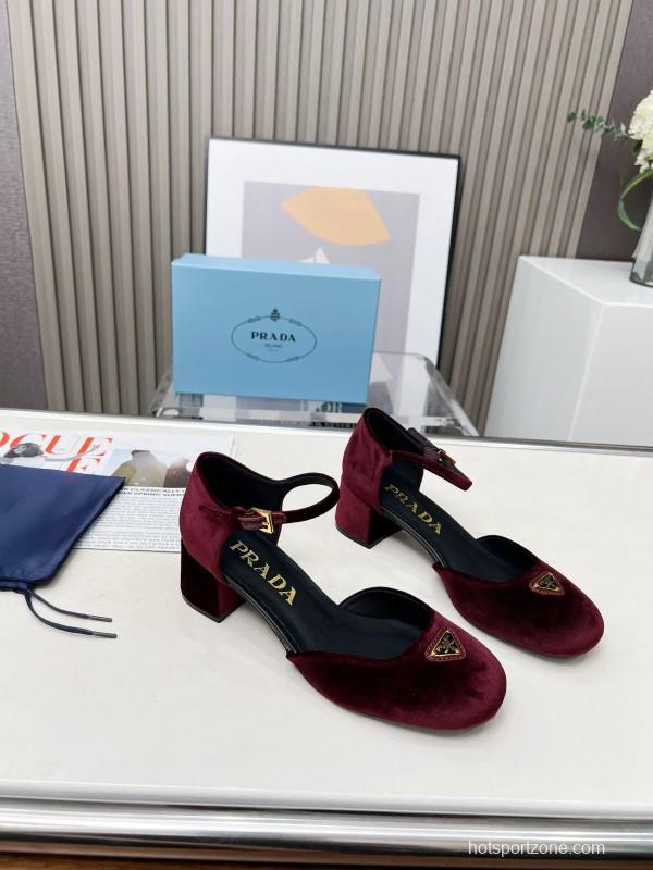 2025 Women Prada Burgundy Velvet Mary Jane Buckle KFY00270