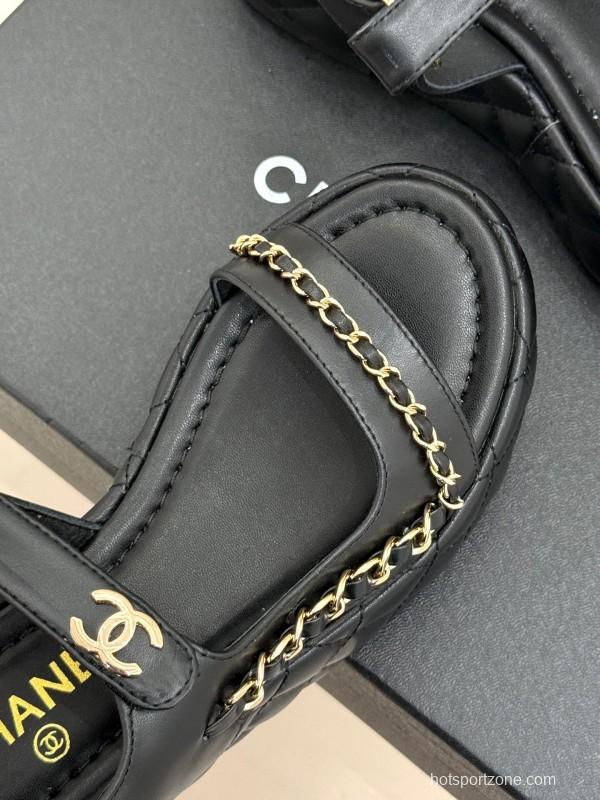2025 Women Chanel Black Lambskin Platform Sandals Chain KFY00270