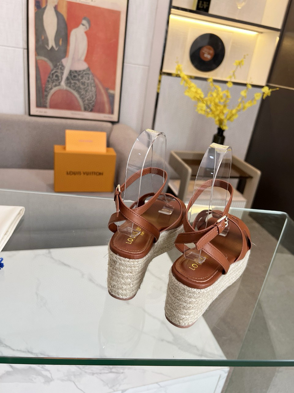 2025 Women Louis Vuitton Brown Leather Espadrille Wedge Sandals MJ00280