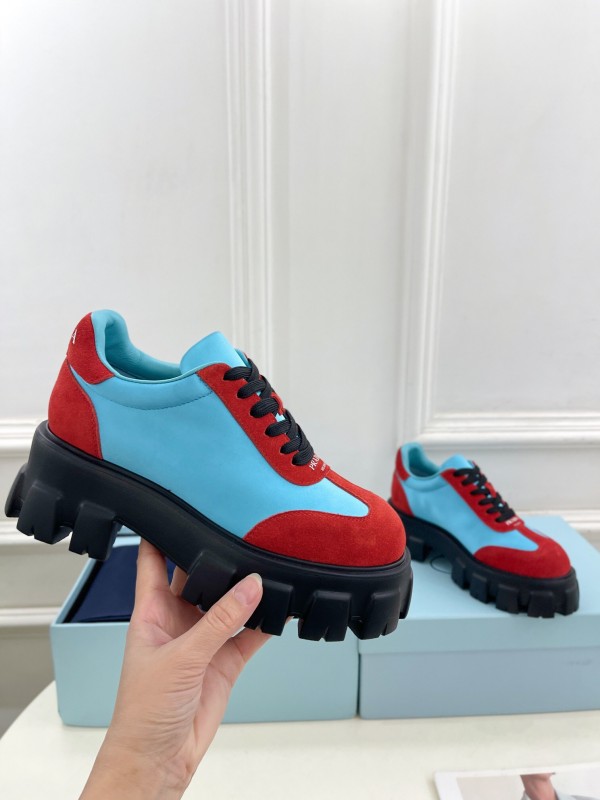 2025 Unisex Prada Blue Red Suede Silk Casual Sneakers KFY00310(F)/KFY00330(M)
